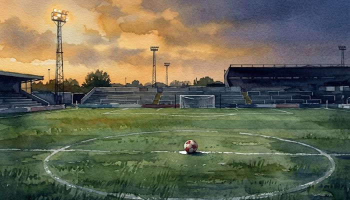 An empty floodlit football pitch at dusk in muted watercolour, a single ball resting on the centre circle, warm amber light against cooler evening shadows.