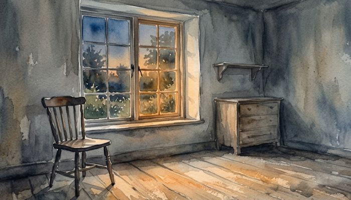 Watercolour painting of an empty room at dusk with a wooden chair beside a window, warm amber light falling across bare floorboards in an otherwise muted grey and blue palette.