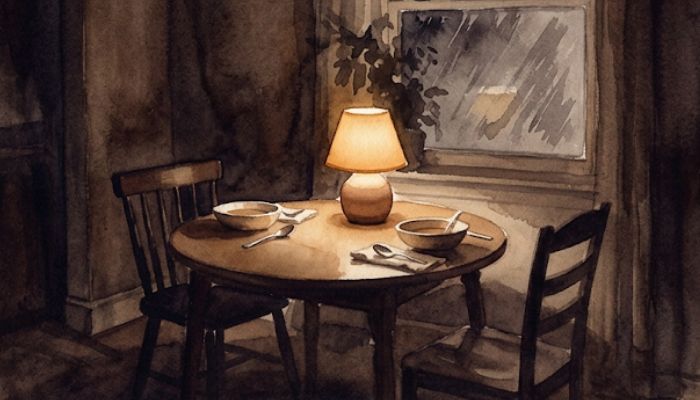 A dimly lit dinner table at night under a single warm lamp, one chair empty, painted in muted watercolour, evoking a loss carried in silence within the home.