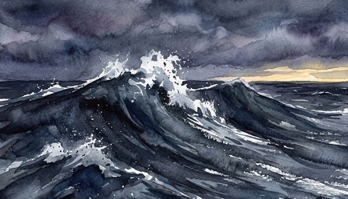 Watercolour of tall dark ocean waves rising one behind another under a low bruised sky, with a thin seam of pale gold light breaking at the far horizon.