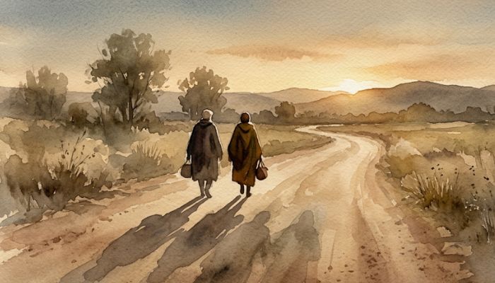 Watercolour of two travellers walking a dusty road toward hills at dusk in warm muted light, evoking the Emmaus road and the presence of an unseen companion.