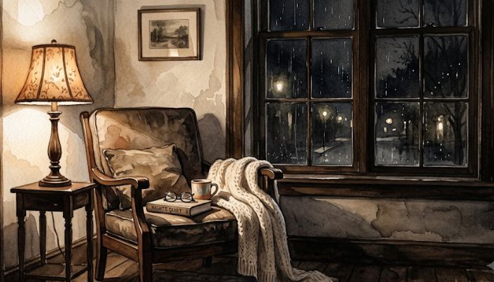 Watercolour of a lamplit chair by a dark window at night with a blanket draped over the arm, warm light pooling on the floor, evoking quiet comfort in solitude.
