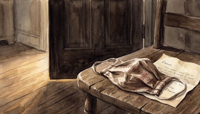 A watercolour of an empty fabric mask set down on a wooden chair beside a closed door in warm lamplight, an unsent letter alongside it, evoking a parent who wears a mask of absence out of love.