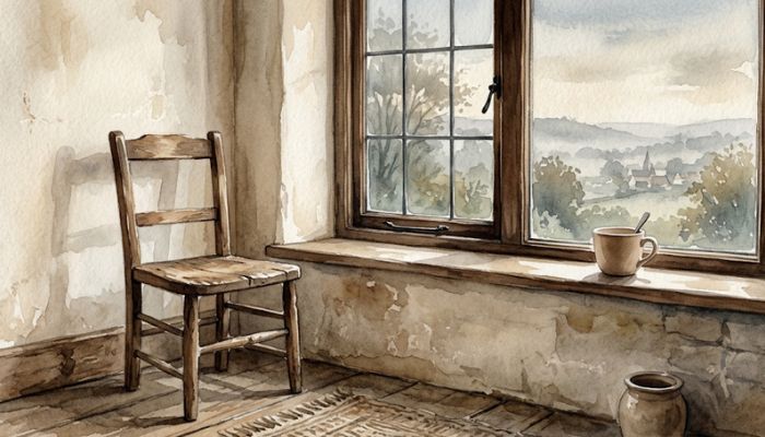 A watercolour of an empty wooden chair by a window in soft dawn light, a plain cup resting on the sill, evoking a quiet daily practice of return.
