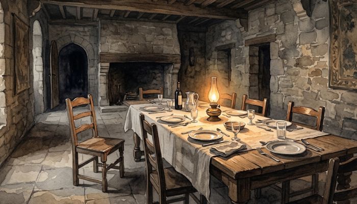 Watercolour painting of a long wooden table set for a meal in a stone hall, one chair drawn out and empty, warm lamplight falling across the cloth in muted sepia and cream tones.