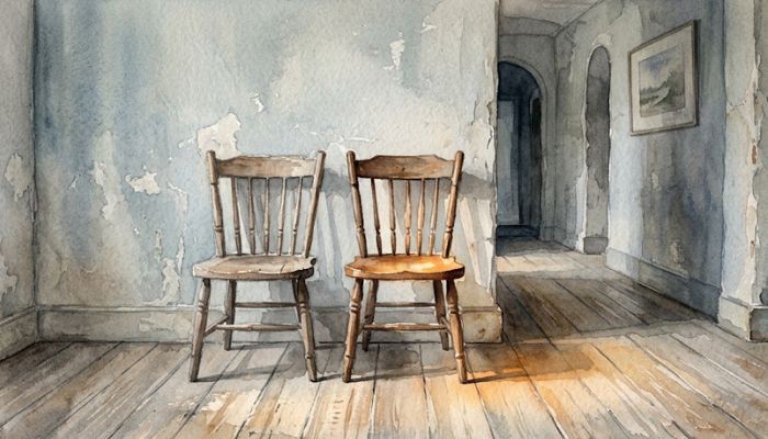 Watercolour painting of two empty wooden chairs side by side in a quiet hall, warm morning light falling across the floorboards, painted in muted greys and blues with a soft amber glow. (