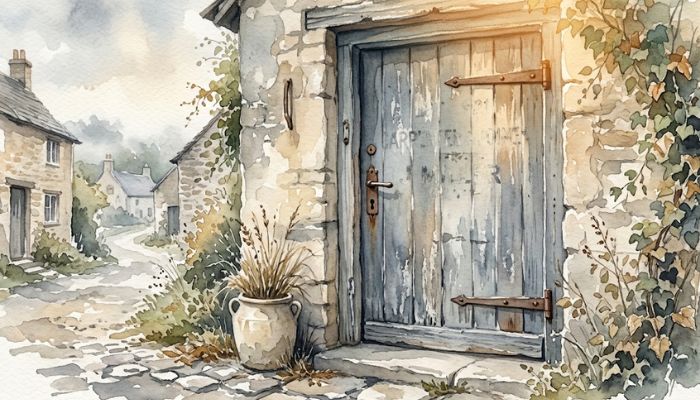 Watercolour painting of a weathered wooden door with faded lettering worn almost illegible, warm morning light falling across the grain, in muted greys and pale sand tones.