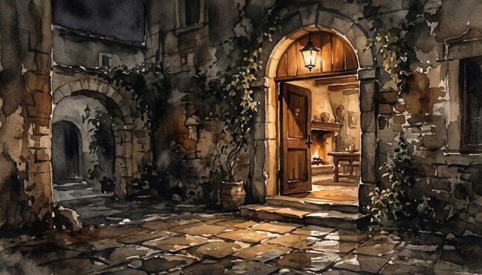 Watercolour painting of an open doorway seen from a dark stone courtyard, warm lamplight spilling across the threshold onto worn flagstones, in muted sepia, charcoal and cream tones.