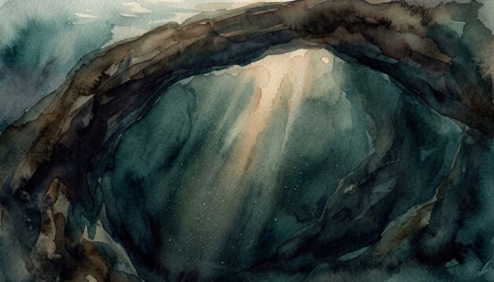 Watercolour painting of dark underwater depths with a curved enclosing shadow and one thin shaft of pale gold light falling from the surface above, in muted teal, sepia and cream tones.
