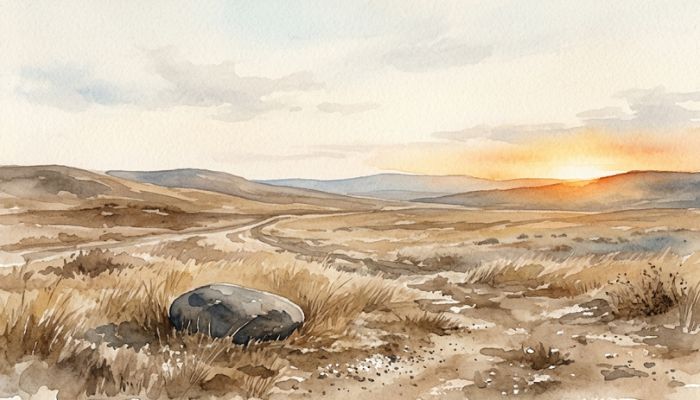 A watercolour landscape of empty open country at dawn, with a single smooth stone lying on bare earth where a traveller slept and warm light breaking low along the horizon.
