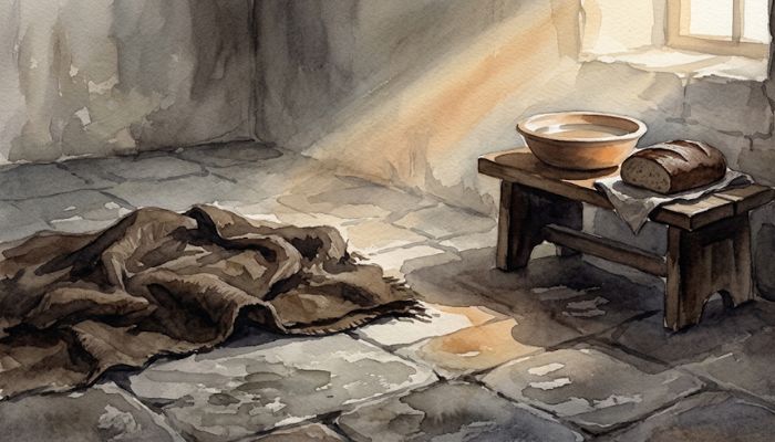 Watercolour painting of an empty stone floor with folded sackcloth, a basin of water and a loaf of bread lit by early morning light, suggesting a grieving father rising after days on the ground.