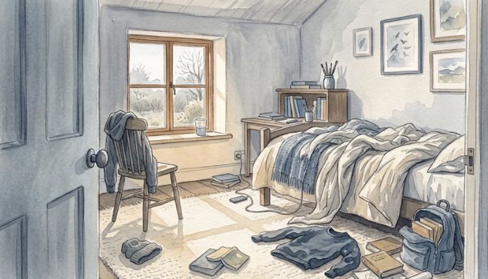 Watercolour painting of a teenager's untidy bedroom seen from the doorway, bed left unmade, clothes on the floor and a rucksack spilling books, pale morning light falling across the floorboards in muted blue and cream tones.