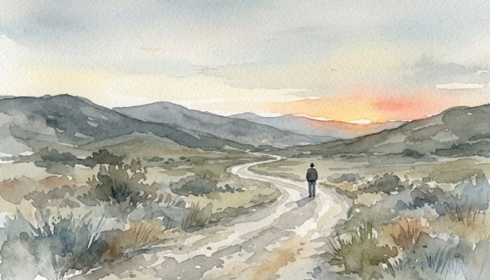 Watercolour of a lone figure on a dirt road looking toward distant grey-green hills at dawn, with a warm amber light beginning to break along the ridgeline.