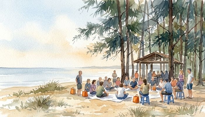 Watercolour painting of a group gathered on white ground sheets and blue stools under casuarina pines on a tropical beach, with calm sea on the left and warm afternoon light through the trees.