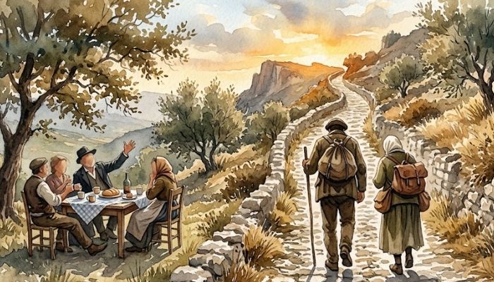 Watercolour painting of two travellers seen from behind walking uphill with bundles on their backs, while a comfortable group lounges laughing at a shaded roadside table below. Faces turned away, muted cream and sepia tones.