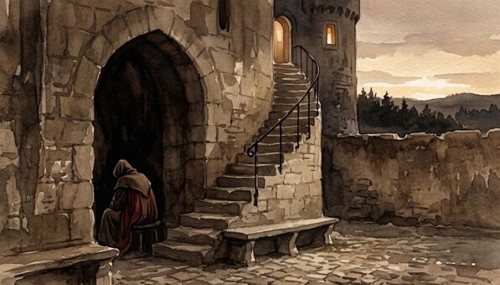 Watercolour painting of a robed king seated alone and seen from behind in the shadow of a stone gatehouse at dusk, head lowered, a narrow stair climbing past him to a small lit upper window, with a distant treeline beyond the walls.