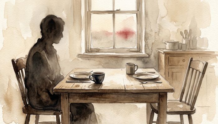 Painterly watercolour of a plain wooden kitchen table in muted cream and sepia, two places set, one chair pushed back and empty, a dark silhouette of a seated figure waiting at the near end, warm red light through the window.