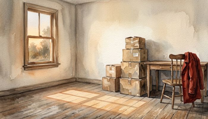 Watercolour painting of a bare room in late afternoon light, with cardboard boxes still taped shut beside an empty desk, a coat over a wooden chair, and a long rectangle of warm light falling across the floorboards.