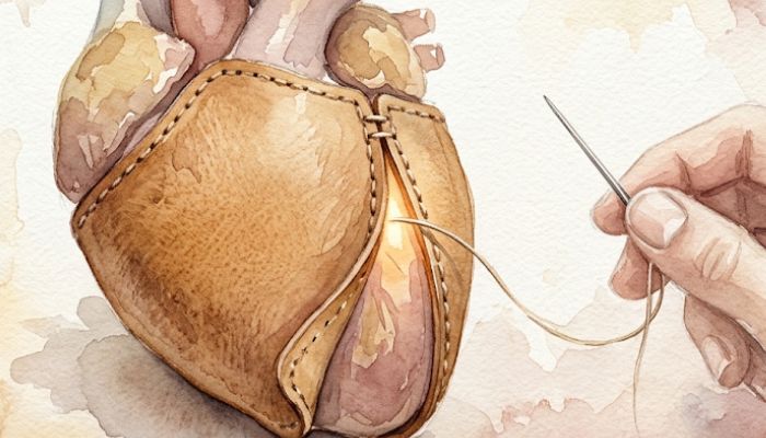 Watercolour close-up of leather moulded and stitched over a heart, with fingertips holding a needle at the last open section of the seam.
