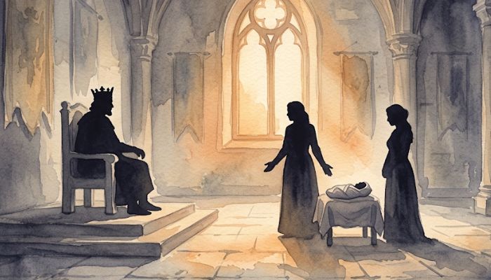 Watercolour painting of a throne room at dawn, with a seated king, two standing women and a swaddled newborn on a low draped stool shown as faceless silhouettes against warm amber light, in muted greys, ochres and soft indigo.