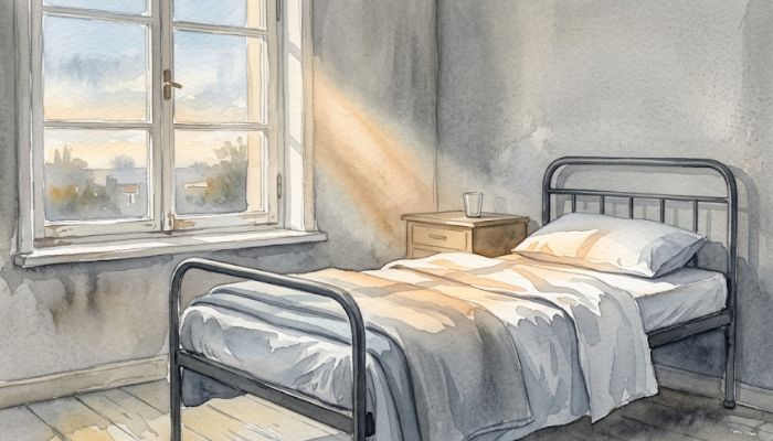 Watercolour painting of an empty hospital bed beside a window at dawn, the blanket drawn up over soft folds, with warm light falling across the linen in a muted grey and ochre palette.