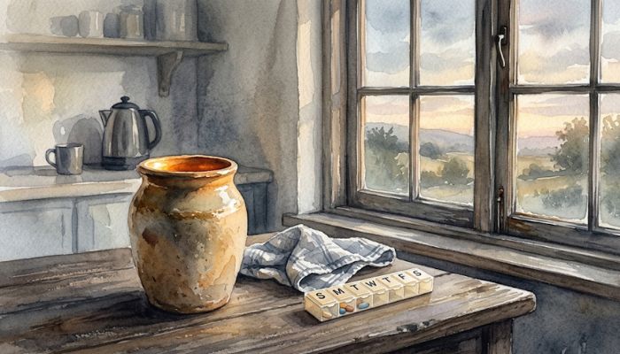 Watercolour of a clay jar on a kitchen table at dawn, warm light pouring through a window and filling the jar with gold, suggesting that labour offered to God is never empty.