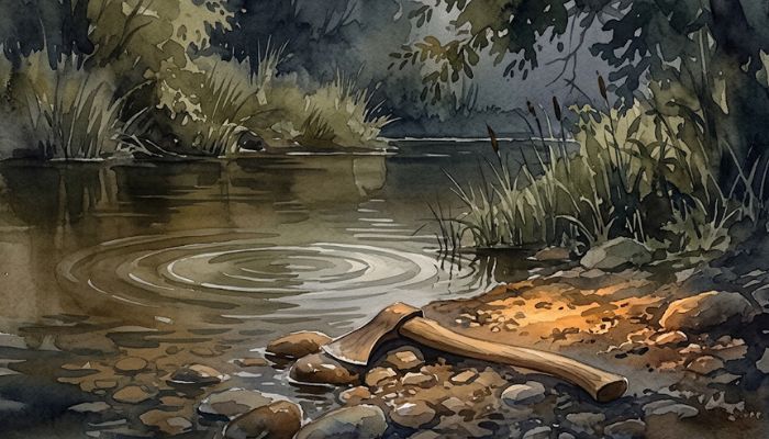 Watercolour of a quiet riverbank at dusk. An empty wooden axe handle lies on the stones beside soft ripples where something has sunk, with warm amber light resting on the bank.