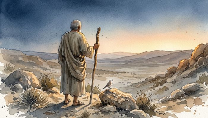 Watercolour of an old man with a staff, seen from behind on a rocky rise at dawn, looking toward distant hills while a small bird sings on a nearby rock.