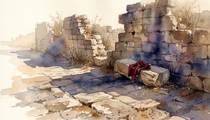 Watercolour of a broken stone wall in late afternoon casting a long shadow across worn paving. Blue and violet washes fill the shade, and a small dark red cloth rests on a fallen stone.