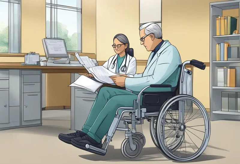 A person in a wheelchair filling out paperwork with a doctor