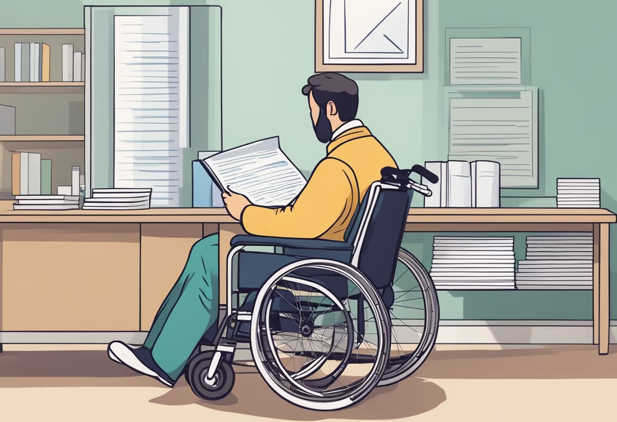 A person with a wheelchair filling out paperwork while a doctor reviews medical records