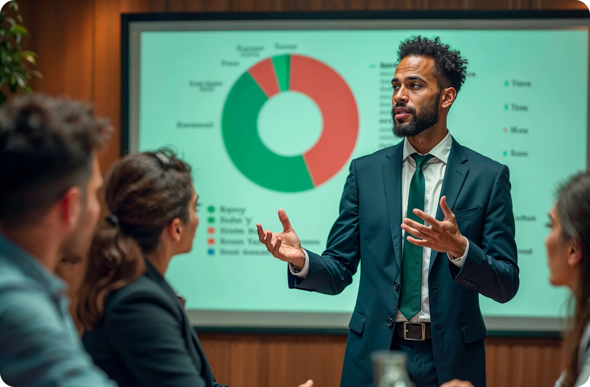 Man in suit giving a presentation to colleagues with a pie chart displayed on a screen behind him.