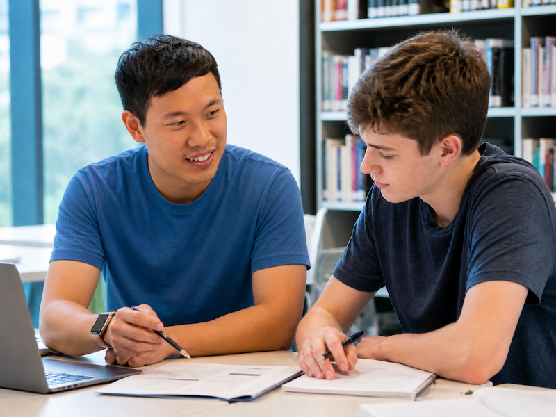 Two young men studying together in a library, discussing notes with an open laptop and books on the table.