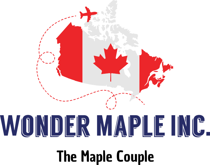 Map of Canada overlaid with the Canadian flag and a red airplane with a dashed flight path, with the text Wonder Maple Inc. below.