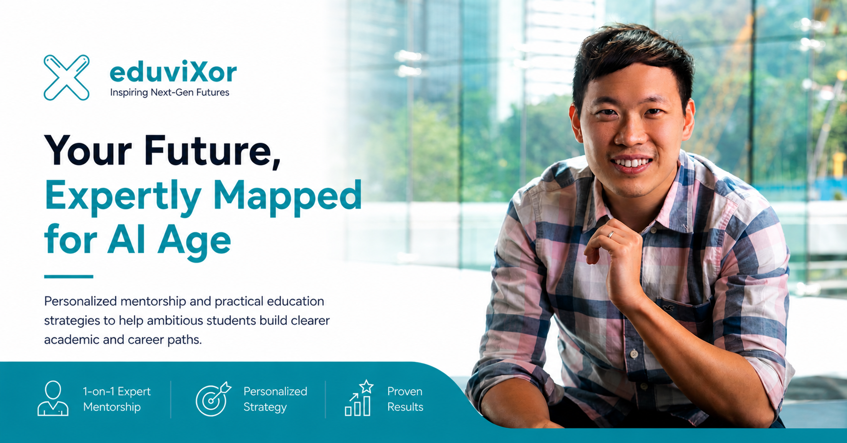 Young man in a checkered shirt smiling and sitting indoors near a large window with greenery outside, next to text about expert mentorship and career guidance by eduviXor.