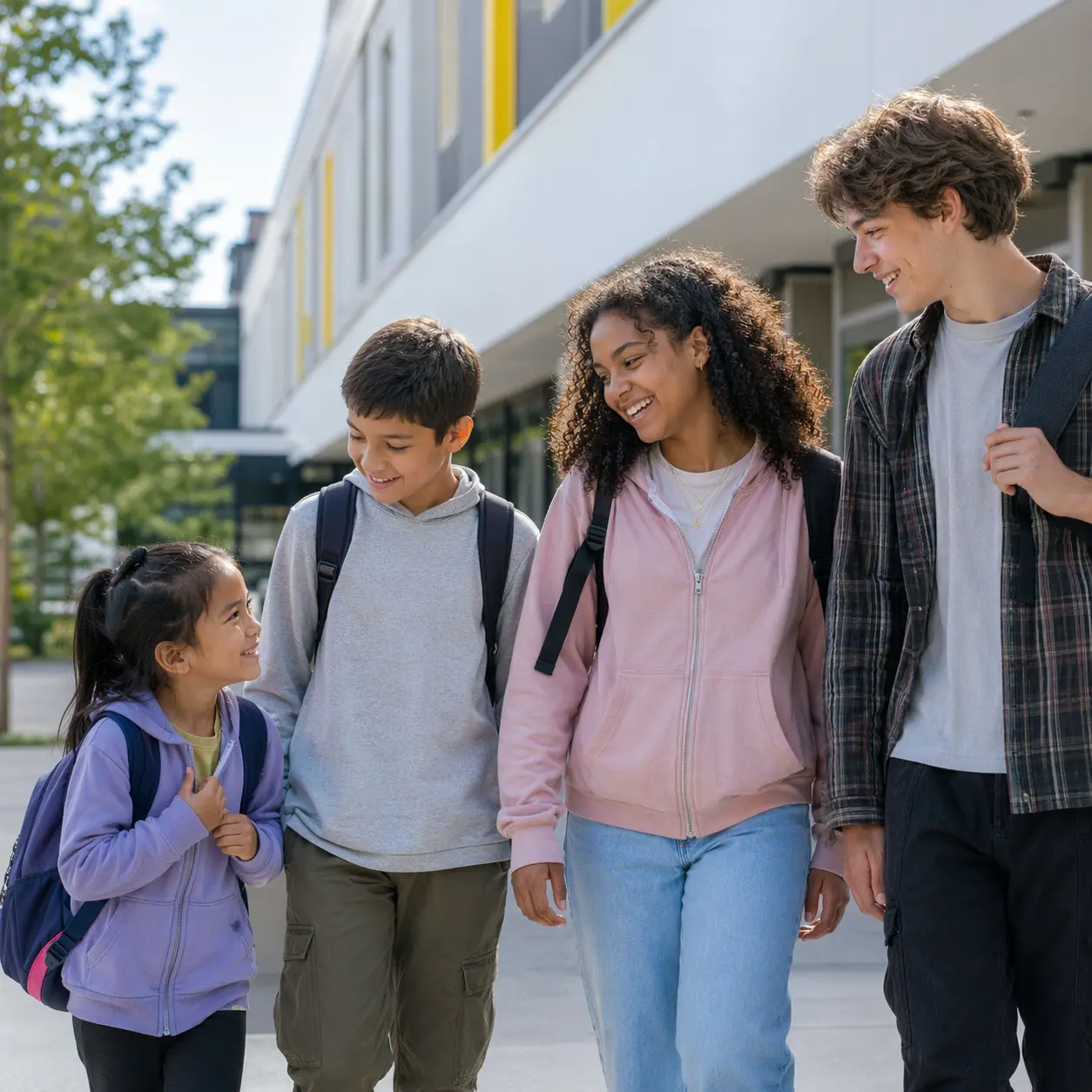 Four students with backpacks walking and smiling outside a modern school building.