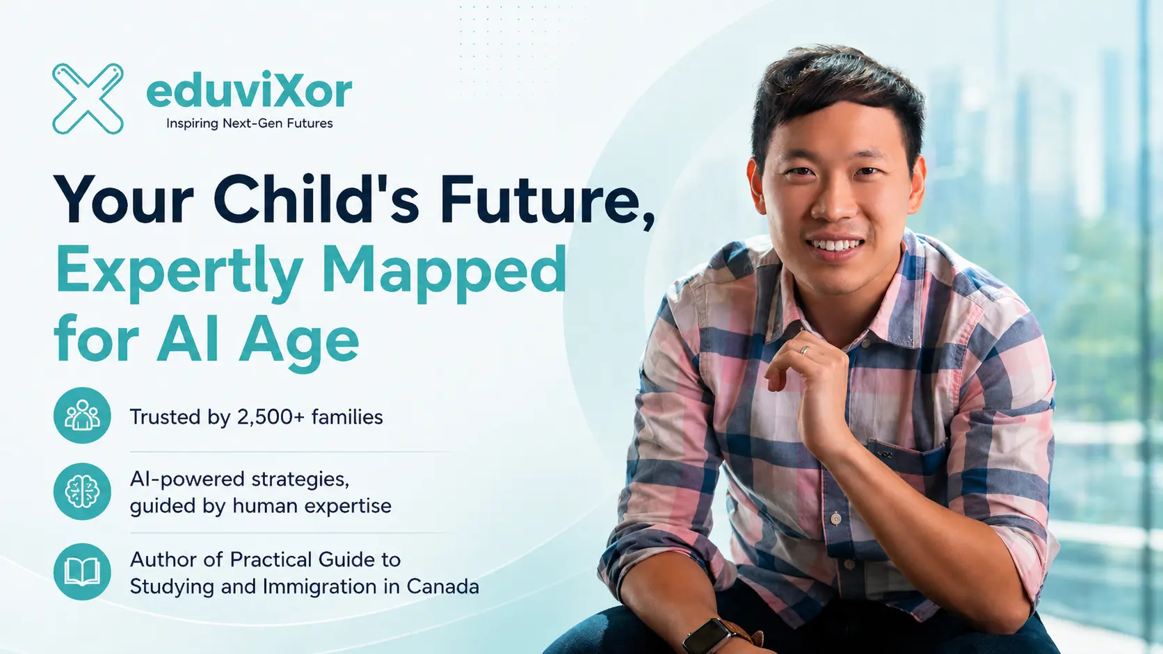 Smiling man in a pink and blue plaid shirt sitting with text about eduviXor offering AI-powered strategies for children's futures, trusted by 2,500+ families.