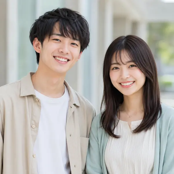 Smiling young Asian man and woman standing side by side outdoors.