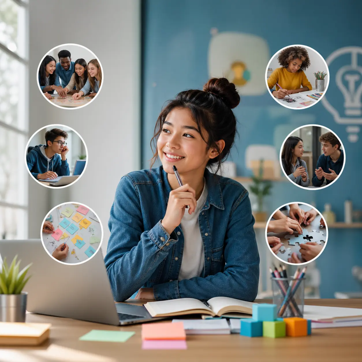A thoughtful young woman sitting at a desk with an open book and laptop, surrounded by circular insets showing group brainstorming, individual studying, note organizing, two people discussing, puzzle assembling, and a woman drawing.