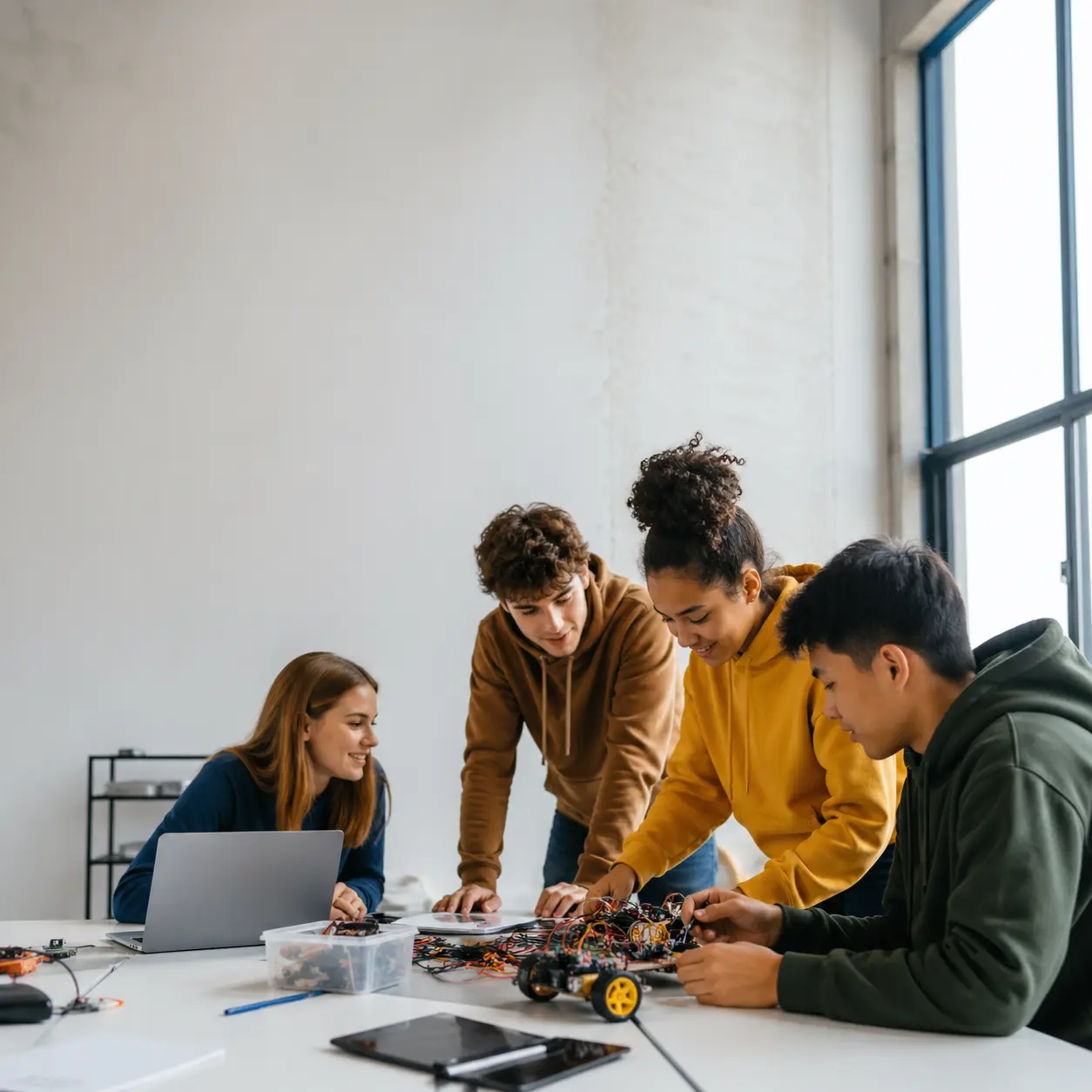 Four young adults collaborating on a robotics project with electronic components and a laptop at a table in a bright room.