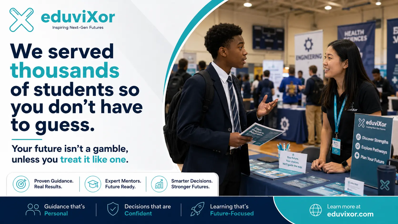 Two people talk at an education fair booth with eduviXor branding, promoting student guidance and future planning services.