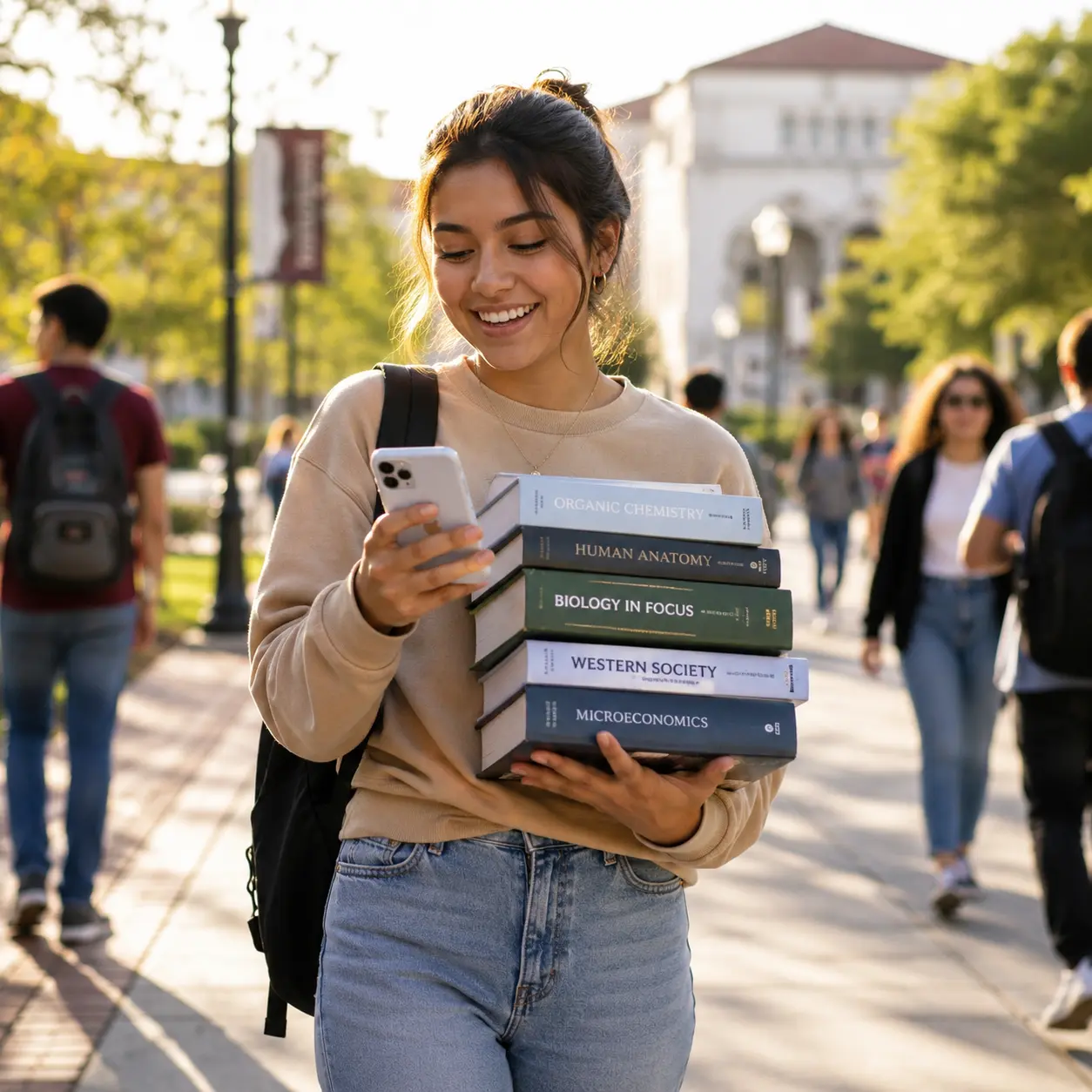 Smiling young woman holding a stack of textbooks and looking at her phone on a college campus walkway.
