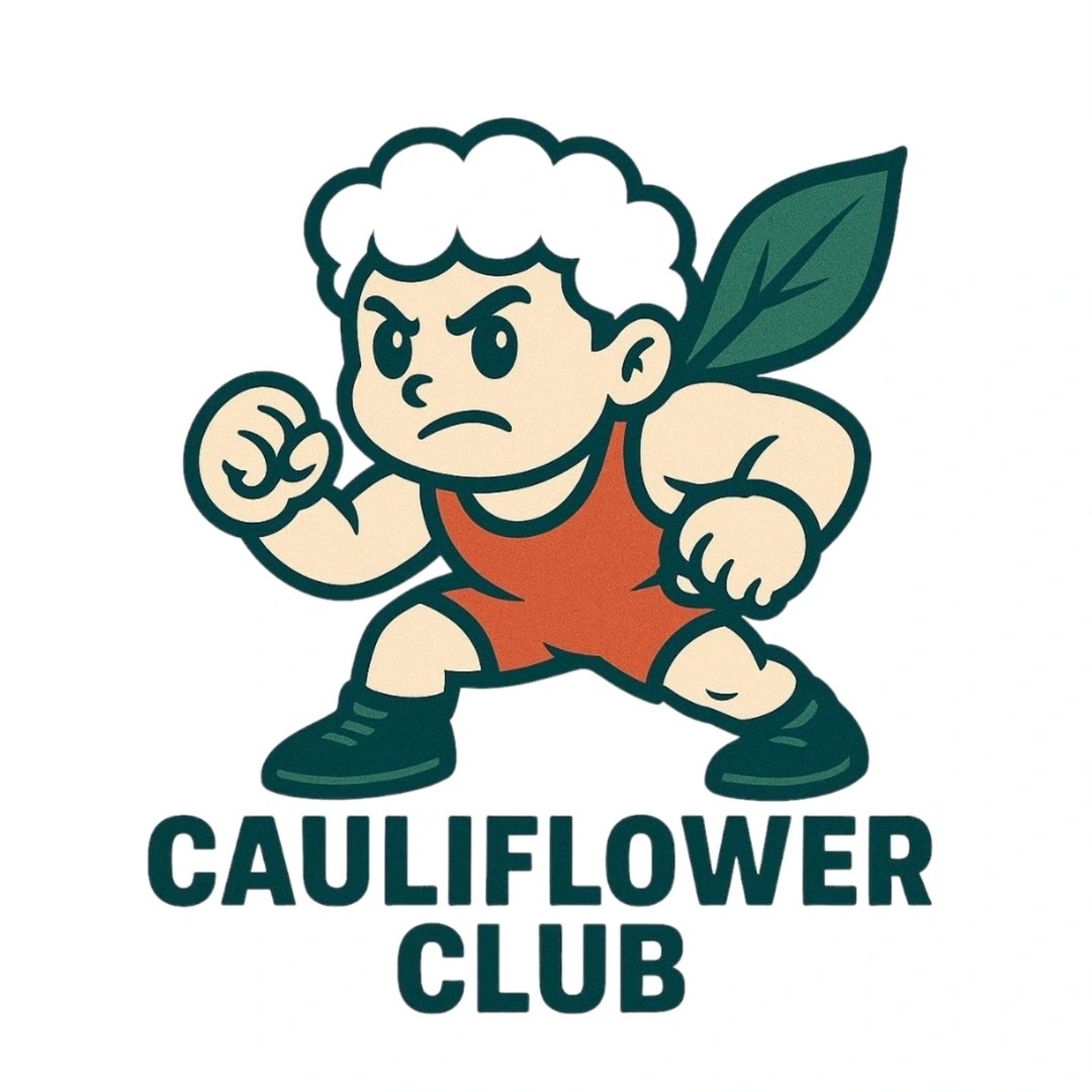 Cartoon wrestler with cauliflower-like hair, red outfit, and green leaf, with text Cauliflower Club below.