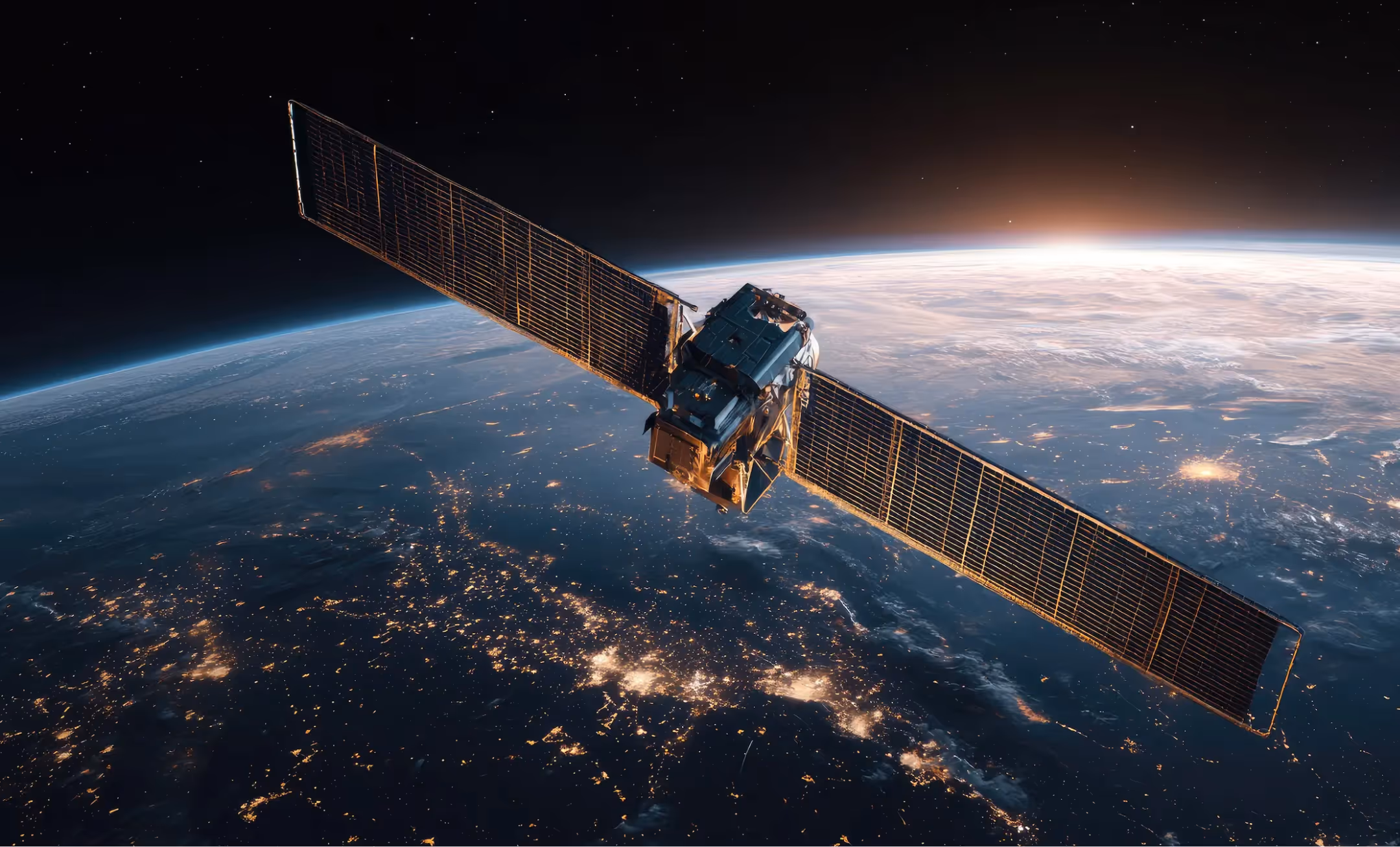 Satellite with extended solar panels orbiting Earth above illuminated cities at night and sunrise.