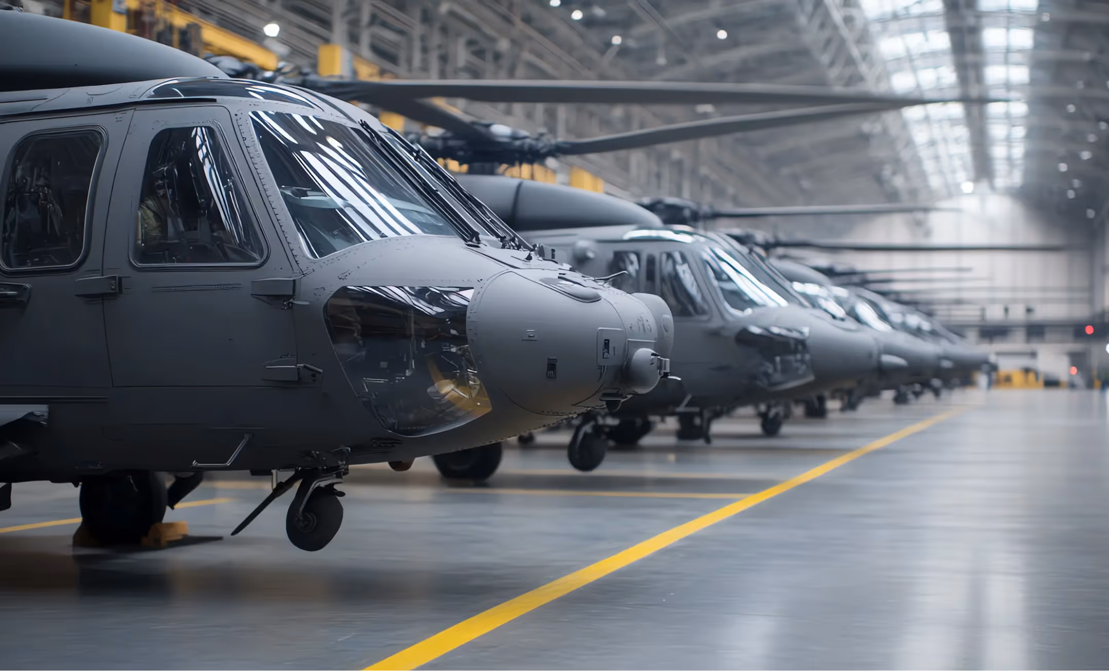 Row of gray military helicopters lined up inside a large hangar with a high ceiling.