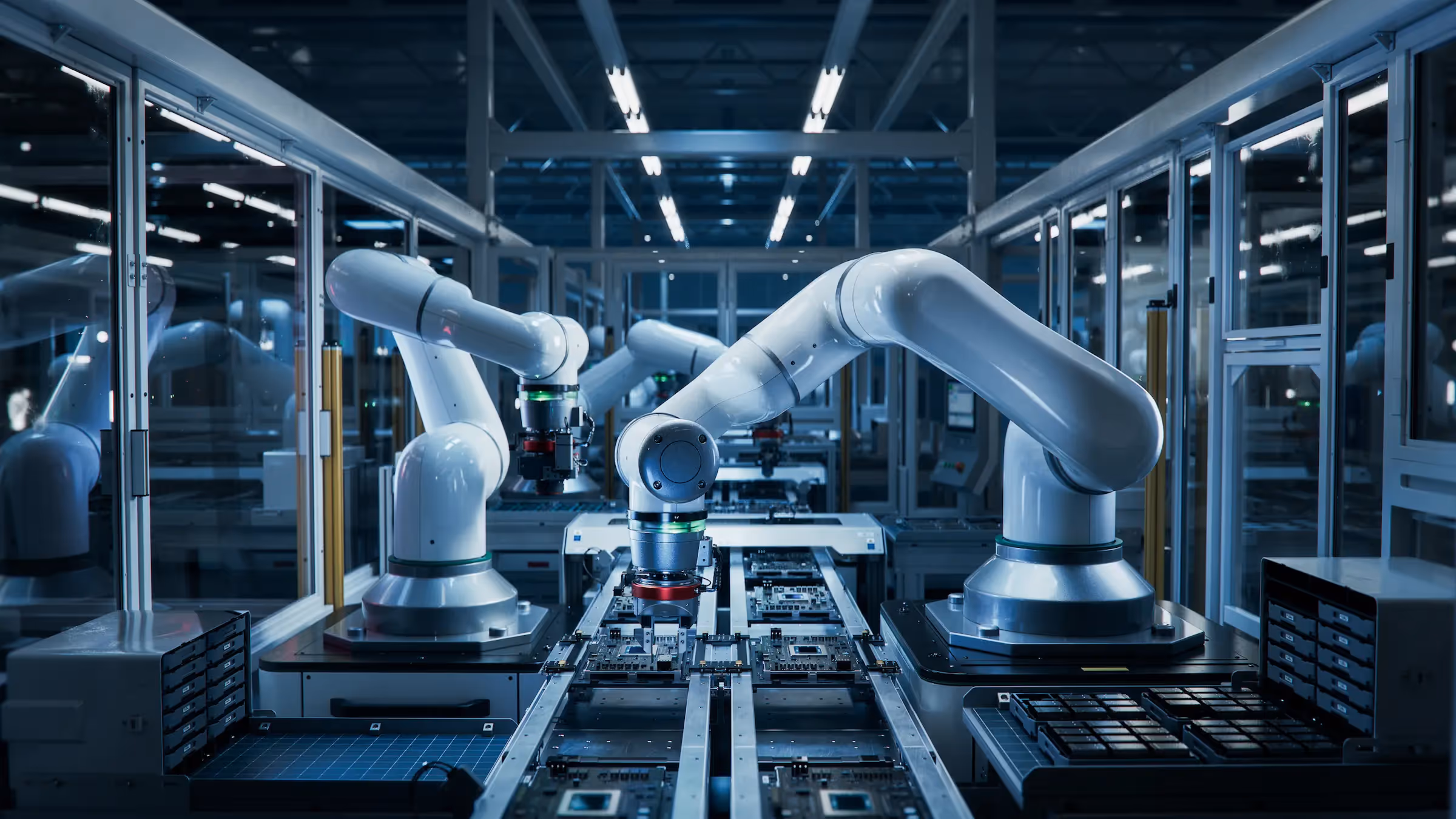 Modern robotic arms assembling circuit boards on a production line in a high-tech factory.