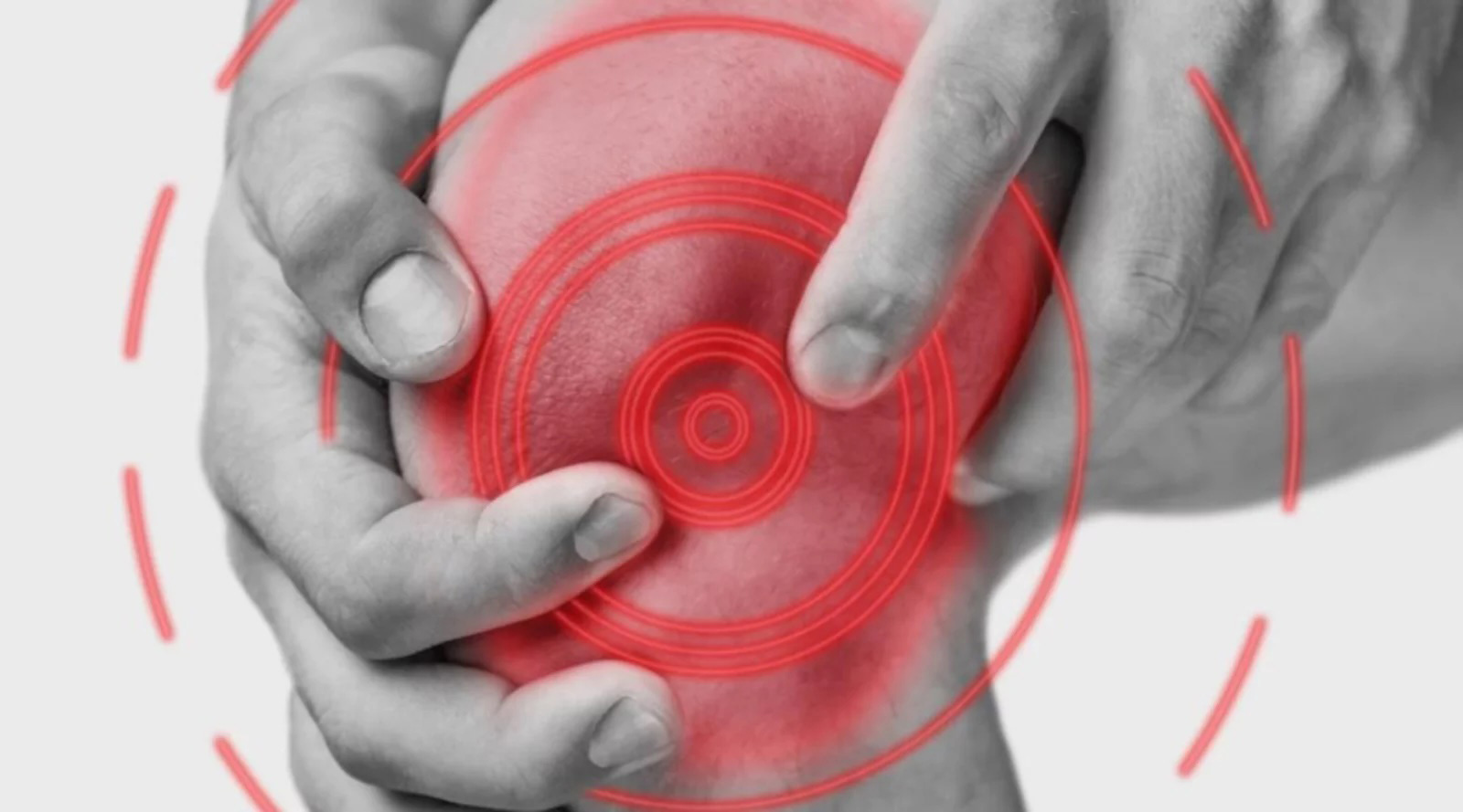 Hands holding a knee with red target circles highlighting pain, representing joint pain or arthritis.
