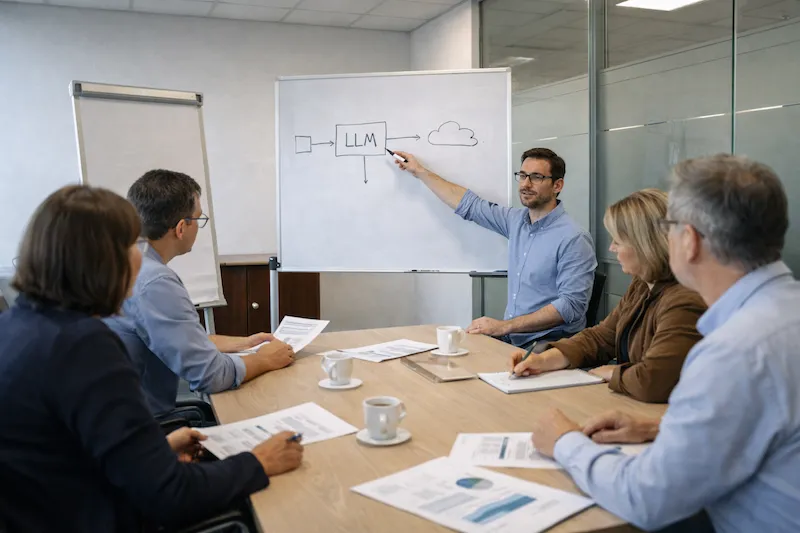 Mann erklärt einer Gruppe am Tisch die Funktionsweise eines LLM auf einem Whiteboard.