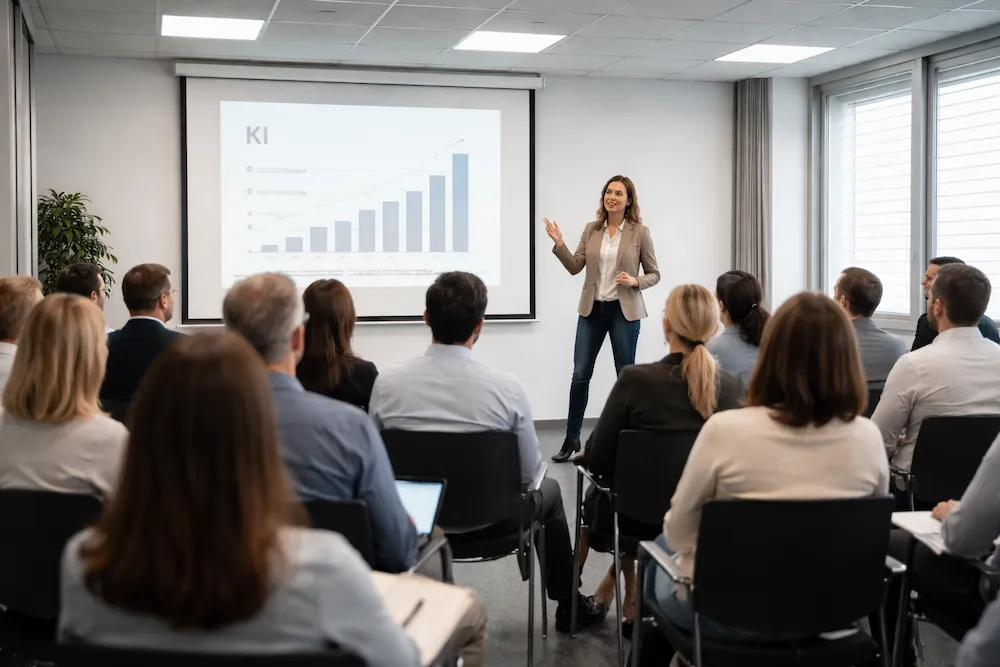 Frau hält eine Präsentation über Künstliche Intelligenz vor einem sitzenden Publikum in einem hellen Konferenzraum.