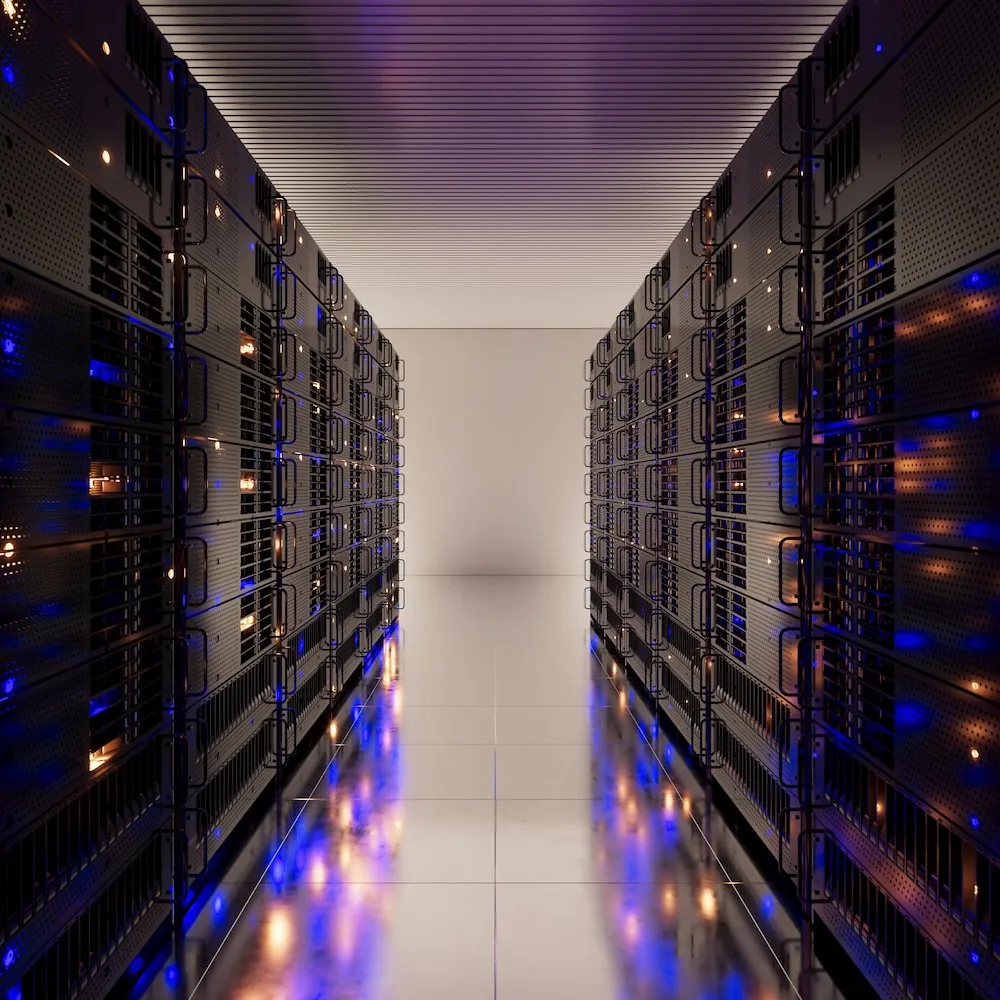 Flur mit zwei Reihen von Serverracks, beleuchtet mit blauen und orangefarbenen Lichtern in einem Rechenzentrum.